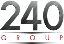 Logo with large metallic 240 above GROUP in red letters, underlined with a black swoosh.