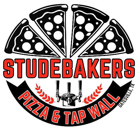 Logo features six pizza slices in a circle above bold red text “STUDEBAKERS.” Below, it reads “PIZZA & TAP WALL” with three beer taps, laurel graphics, “Gatesville, TX”—your spot for Pizza Wings Pasta and Ice Cream in Gatesville.