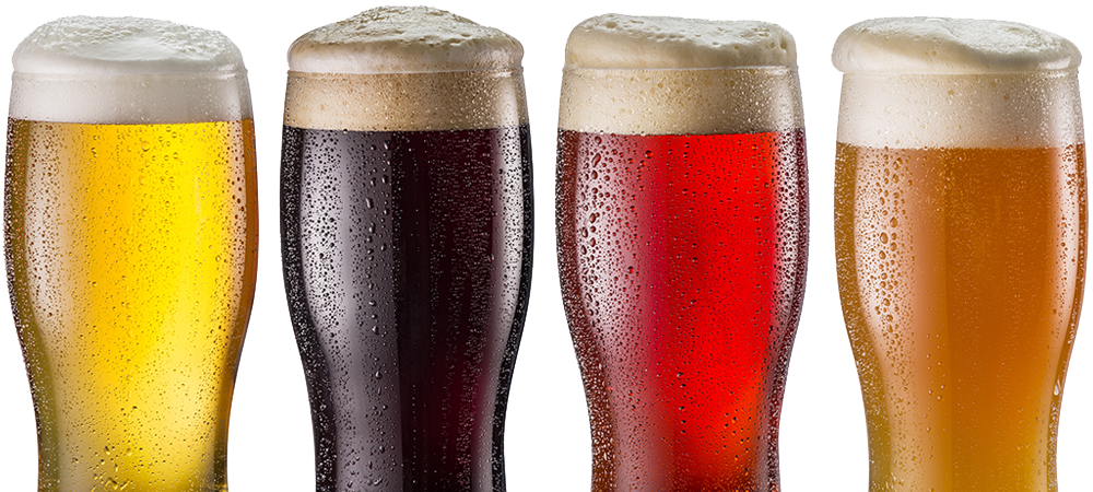 Four glasses of beer in a row, each with a different color and foamy heads, showcase the variety at Studebakers Pizza & Tap Wall Gatesville TX, home to a 16-Tap Self-Pour Beer Wall in Gatesville, Texas.